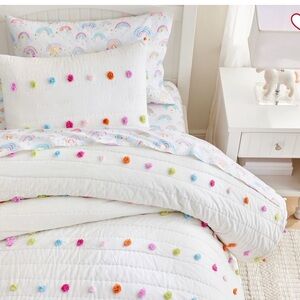 Pottery Barn Kids White Blanket and set of Euro Shams with Playful Pom Poms